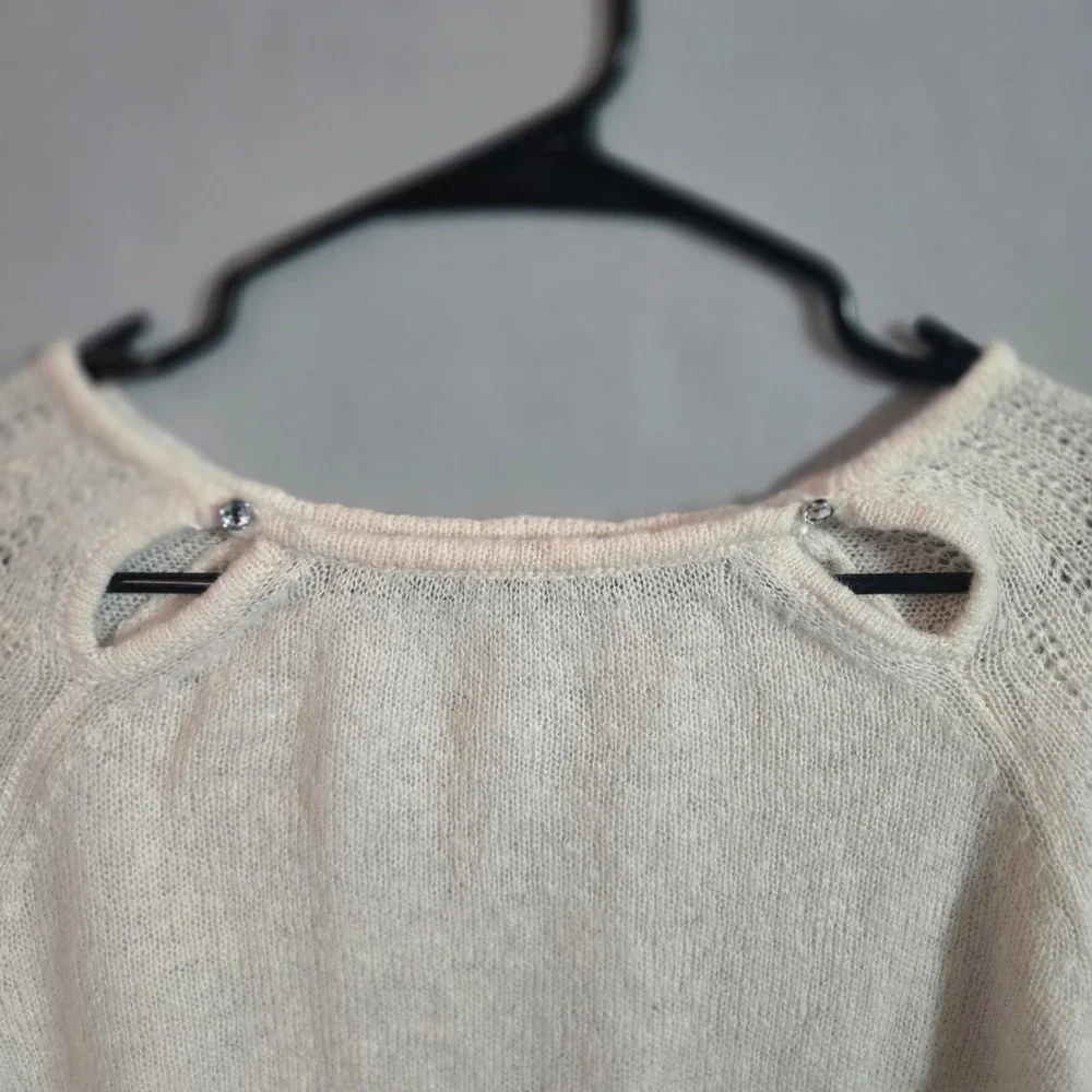 Cream Knit Shoulder Cut Out Sweater Boat Neck Raglan 3/4 Sleeve‎ Ivory Pullover